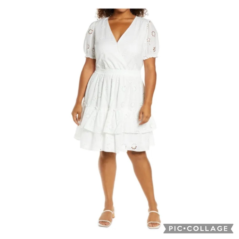 WAYF REESE EYELET EMBROIDERED SMOCKED WAIST TIERED MINI DRESS